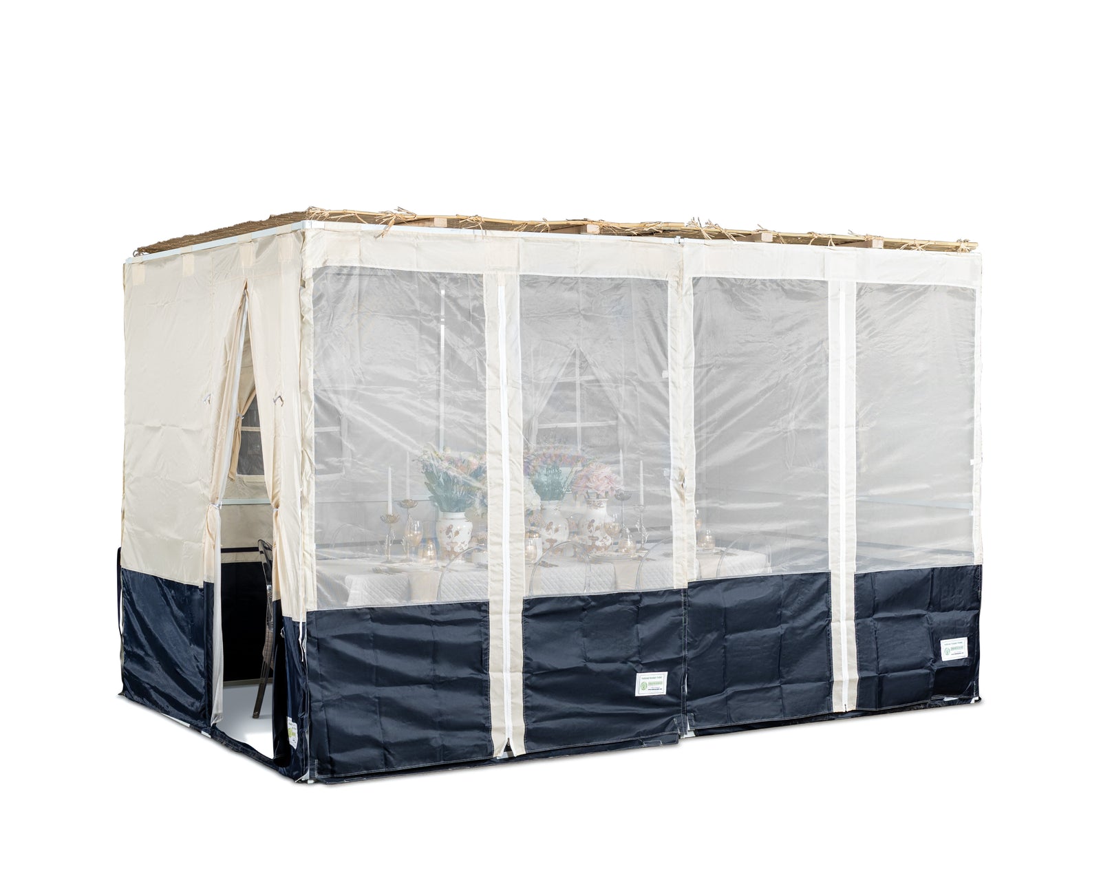 Canvas sukkah in navy and cream with a set table inside
