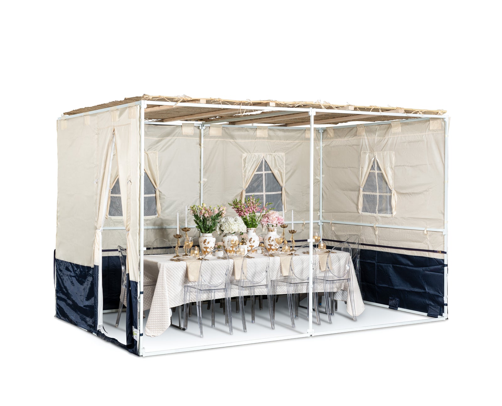 Deluxe canvas sukkah with clear upper walls