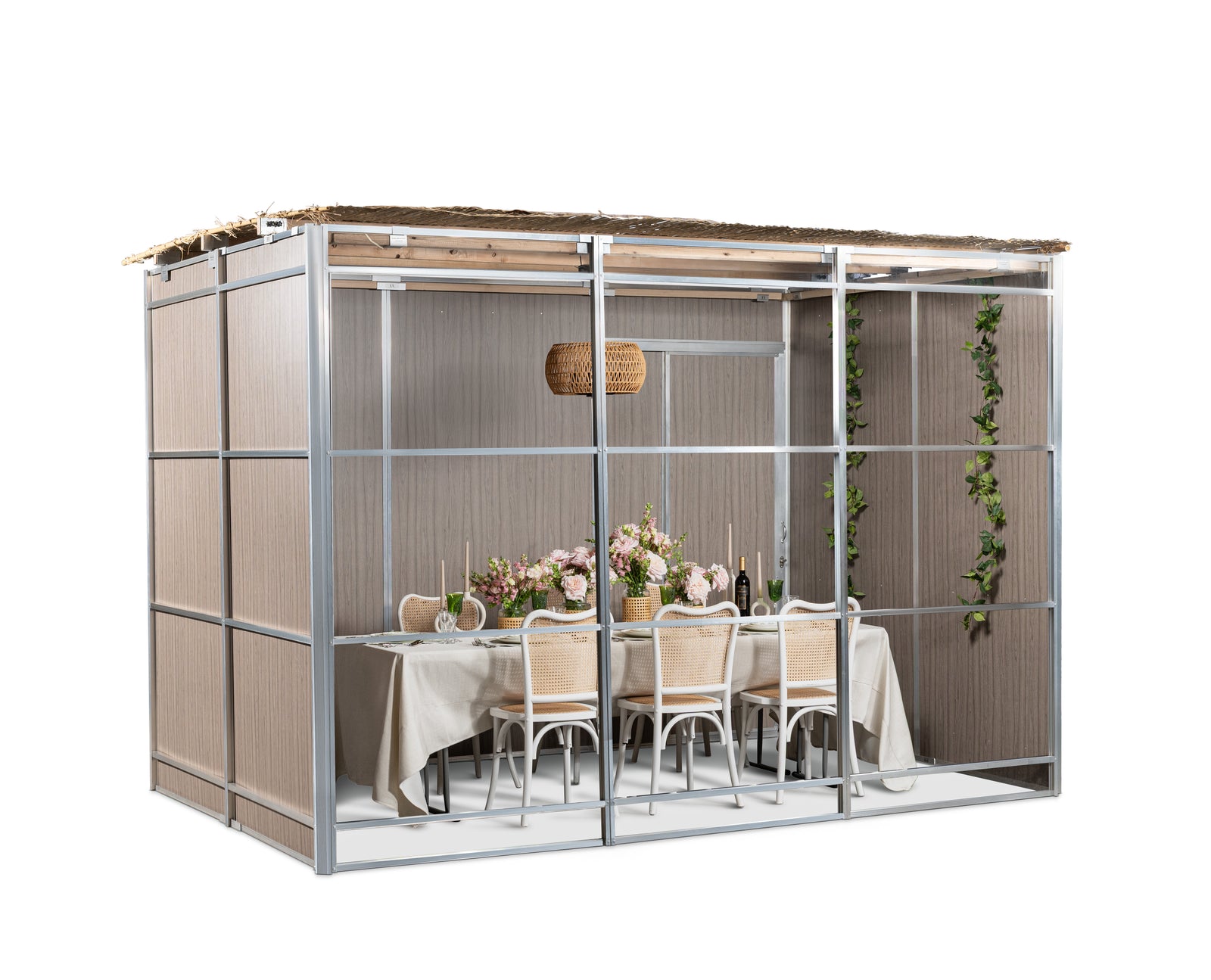 A sukkah with clear lucite walls, set for a meal